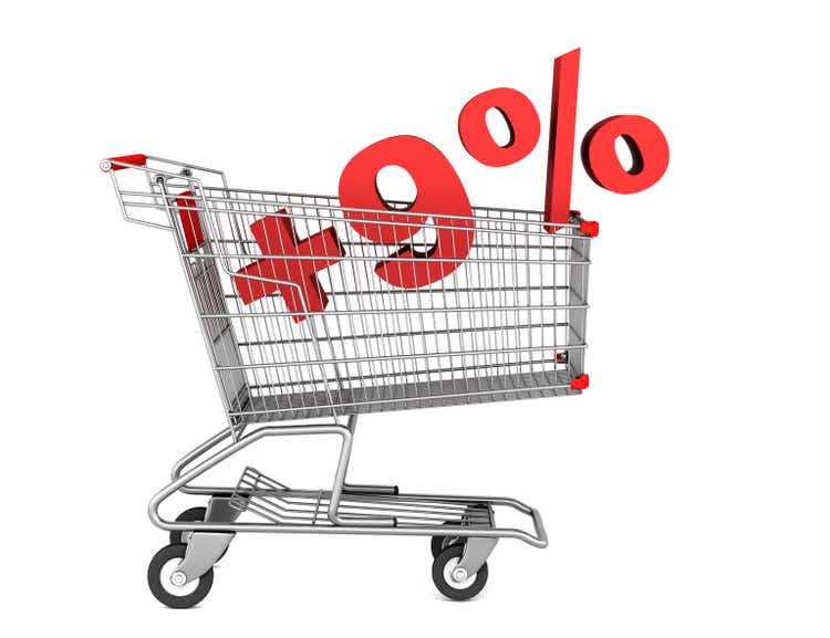 shopping cart with plus 9 percent sign isolated on white