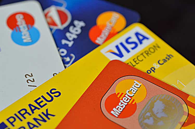 credit cards stack including visa, master and maestro