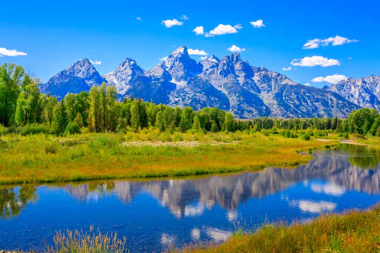 Grand Tetons mountains, summer, blue sky, water, reflections, Snake River