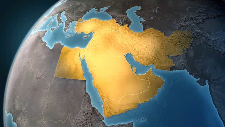 Map of the Middle East: highlighted countries, looking west