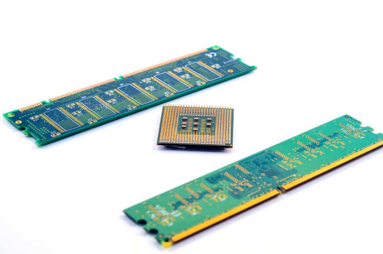 CPU, RAM module on white background. Selective focus. Shallow DOF