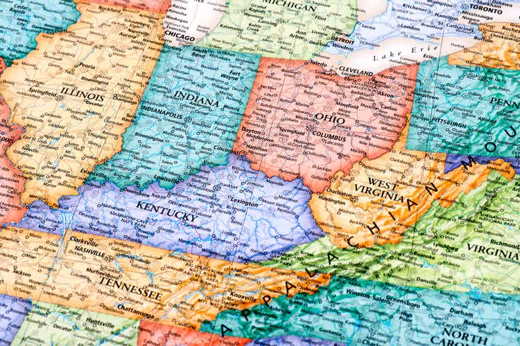 Map of Ohio, Indiana, West Virginia, Kentucky States