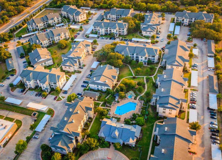 Housing development townhouse apartment complex neighborhood aerial view, Austin Texas