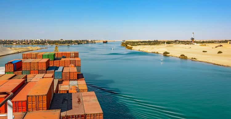 Industrial container ship passing through Suez Canal with ship