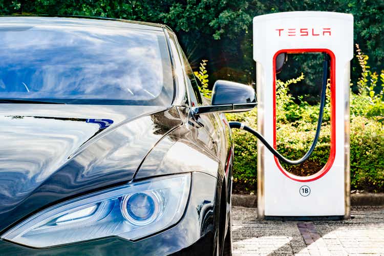 Tesla Model S electric car at a supercharger charging station