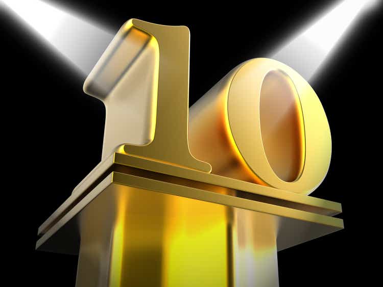 Golden Ten On Pedestal Means Cinema Awards Or Movie Excellence