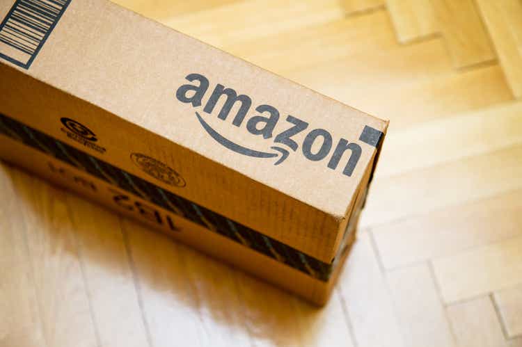 Amazon logotype printed on cardboard box