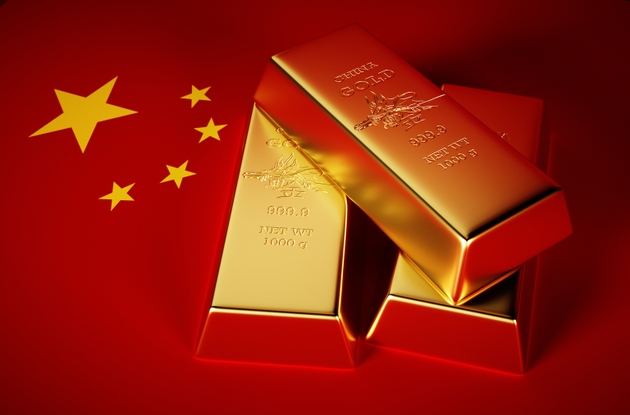 3d Photo-realistic image of golden bricks with china background