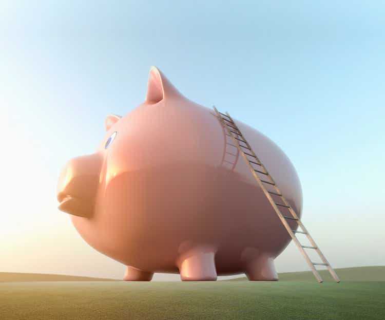 Ladder leading to top of large piggy bank