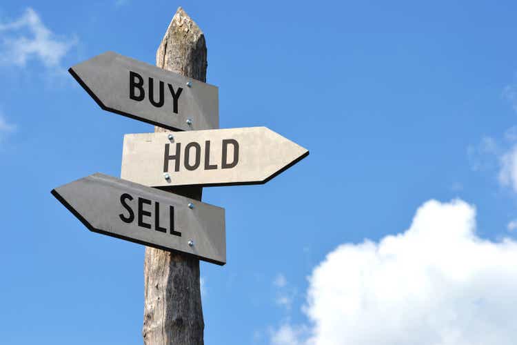 Wooden road sign - buy, hold, sell