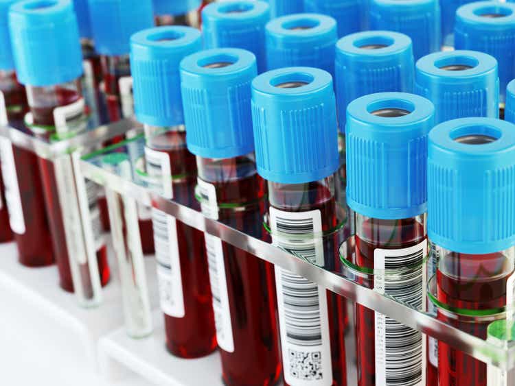 MorphoSys smashes through Phase 3 trial with myelofibrosis drug champion 1 Blood test tubes. Samples in a rack.