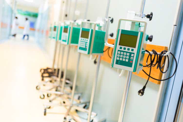 Infusion pumps in a hospital corridor