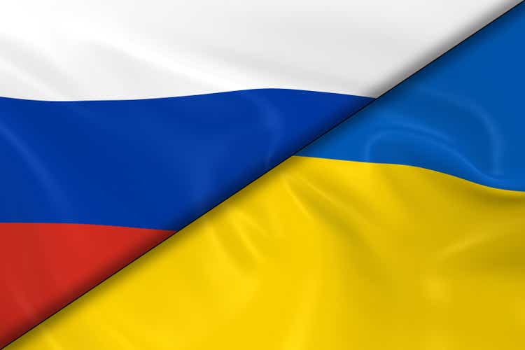 Flags of Russia and the Ukraine Divided Diagonally