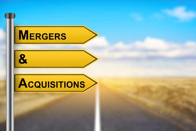 M&A or Mergers and Acquisitions words on yellow road sign