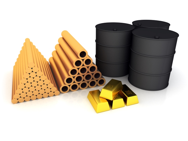 Oil barrels, gold and copper