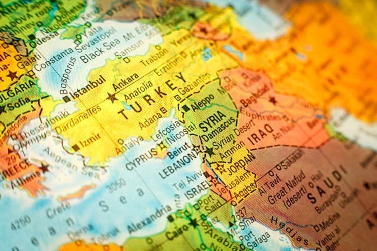 close up map Syria, Jordan and Turkey