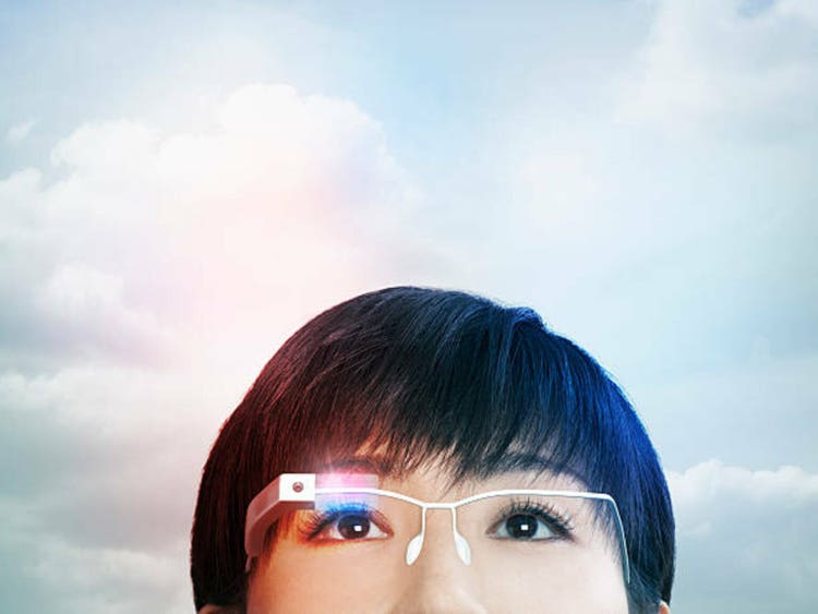 A woman wearing smart glasses