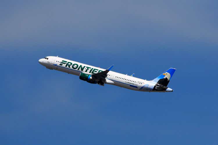 Frontier Airlines A321 taking off at Charlotte Douglas International Airport