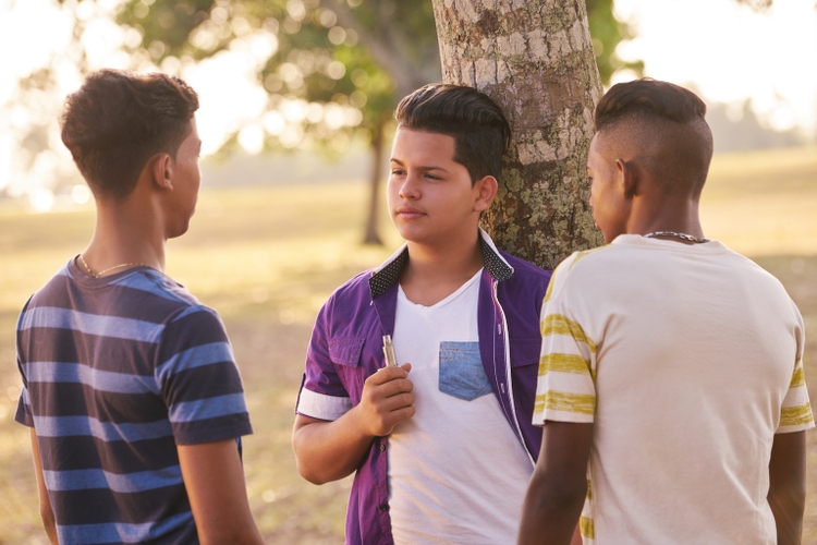 Group of Teens In Park Boy Smoking Electronic Cigarette