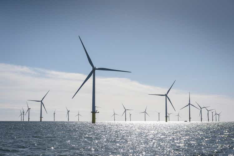 View of offshore windfarm from service boat at sea