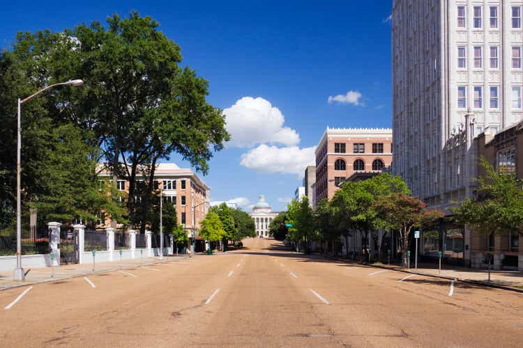 Empty street to Mississippi State Capitol, Jackson, Mississippi, United States