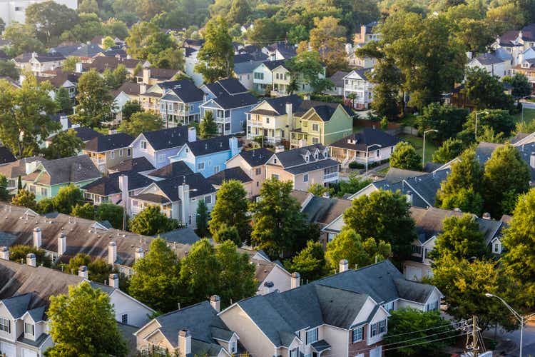 Aerial view of house roofs in suburban neighborhood