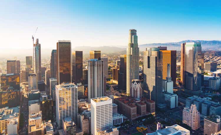 Aerial view of a Downtown LA at sunset