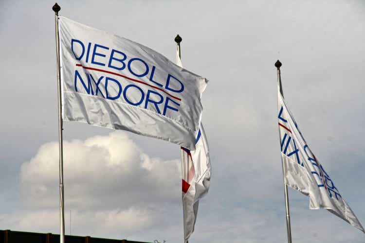 flags and banners of Wincor Diebold company, Paderborn, Germany