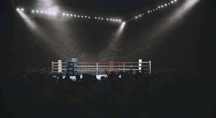 Boxing: Empty professional ring with crowd