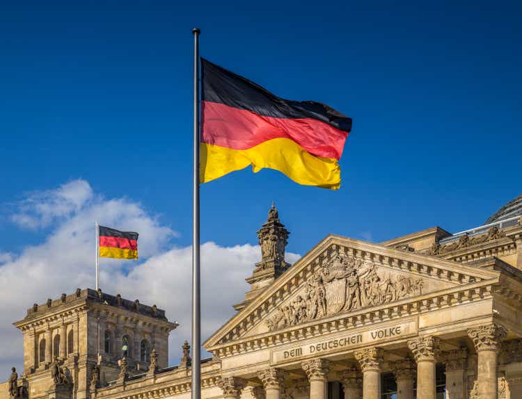 German flags in the Reichstag, Berlin, Germany