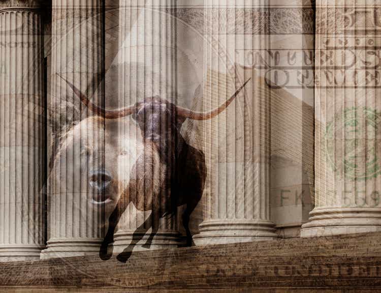 Bull, one hundred dollar bill and pillars of ornate building