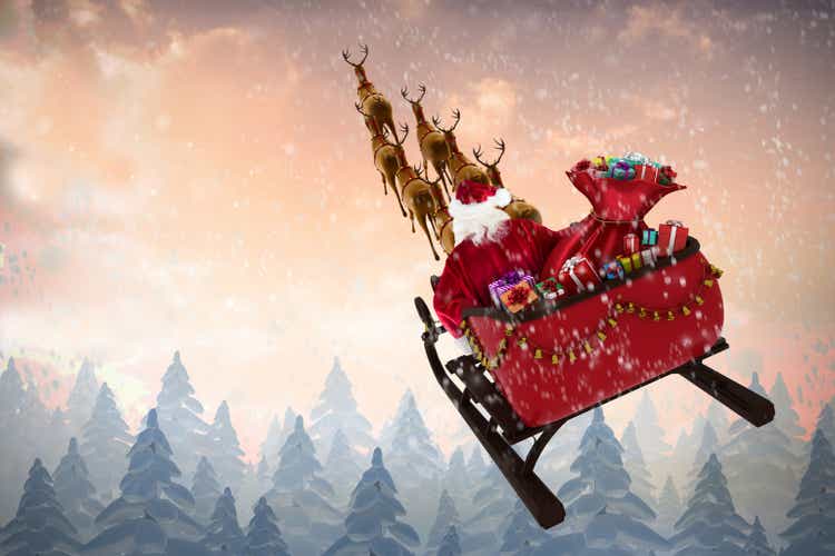 High angle view of Santa Claus riding on sled