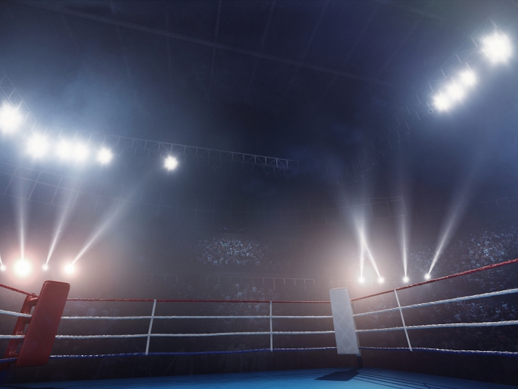 Boxing: Empty professional ring with crowd