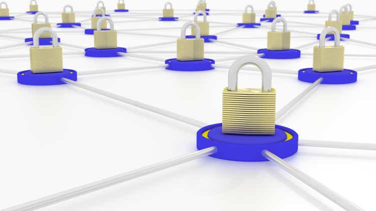 Connected platforms in blue with golden padlocks on top cybersec