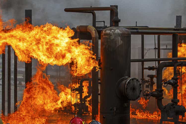 Industrial fire training for refinery or chemical plant fire brigade