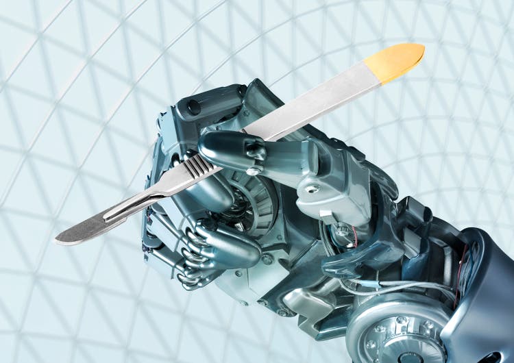 Robot hand holding a surgeon"s scalpel