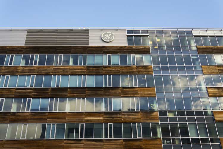 General Electric company logo on the headquarters building in Prague