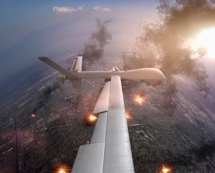 Aerial view of drone flying over war torn landscape