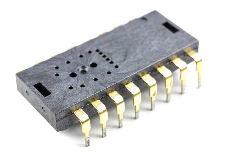 Integrated circuit closeup on a white background