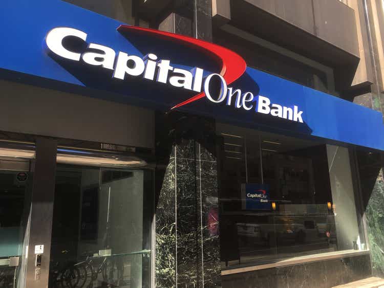 NEW YORK CITY - JANUARY 28, 2017: Facade of Capital One Bank in Midtown Manhattan. Large Capital One Bank logo on the exterior, street view. No people. Sunny day.