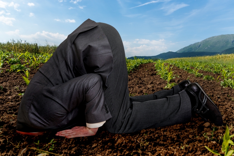 Businessman burying his head in the ground