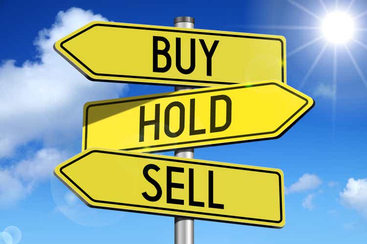 Buy, hold, sell - yellow road sign