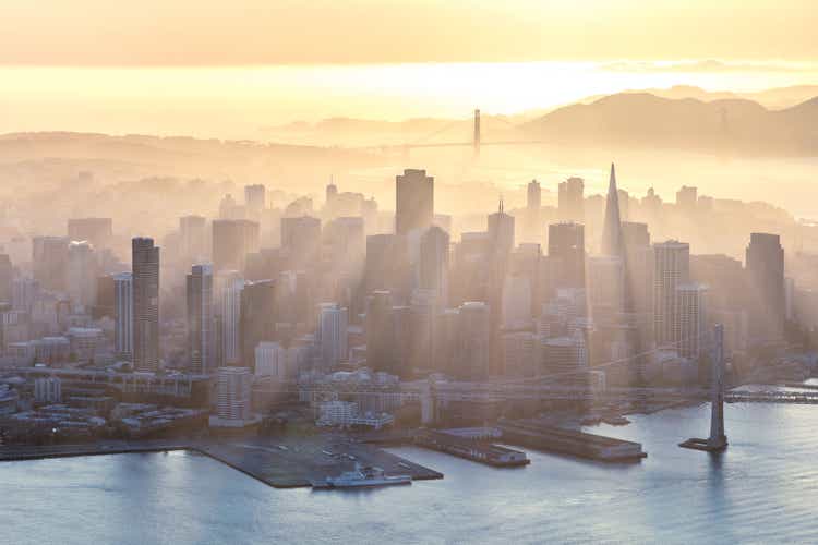 Aerial of downtown at sunset, San Francisco, USA