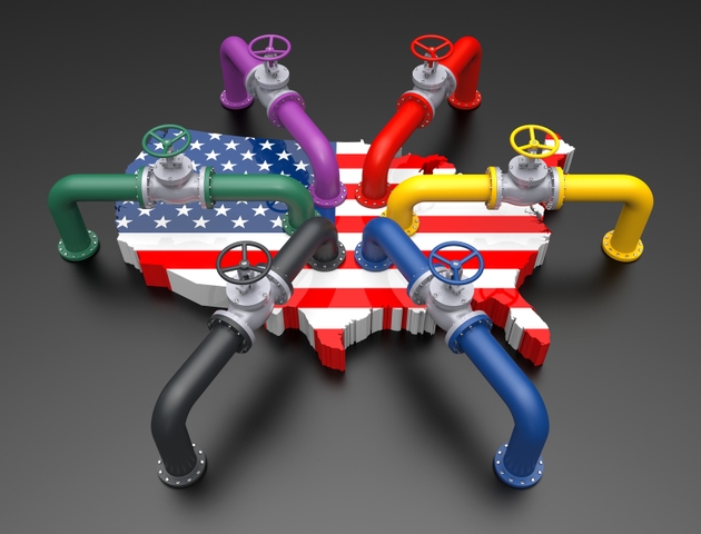 Gekleurde pijp en Valfe op Verenigde Staten vlag kleurplan. 3D illustratie
