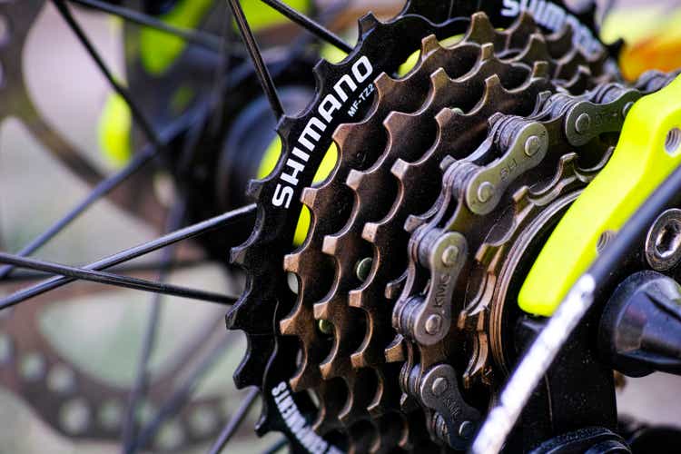 Shimano gear cassette on bicycle.