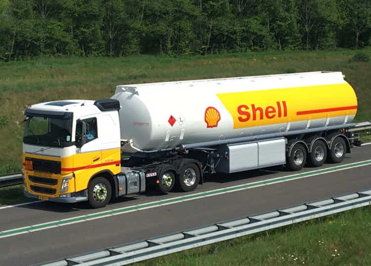 Shell fuel deliviry truck driving on the road