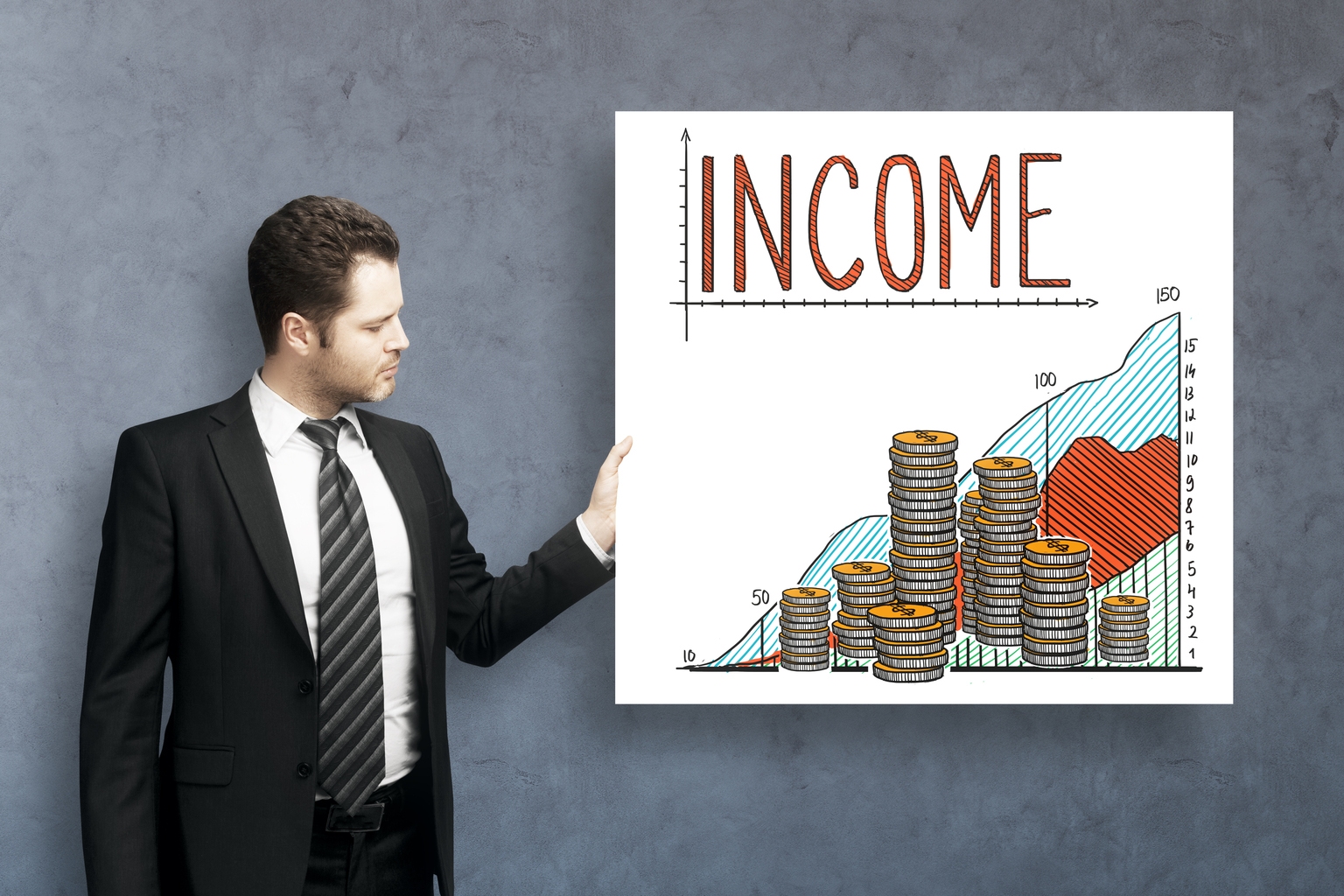 Young businessman with income sketch