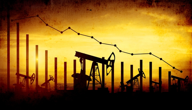 3d illustration of oil pump jacks on sunset sky background with financial analytics. Concept of falling oil prices