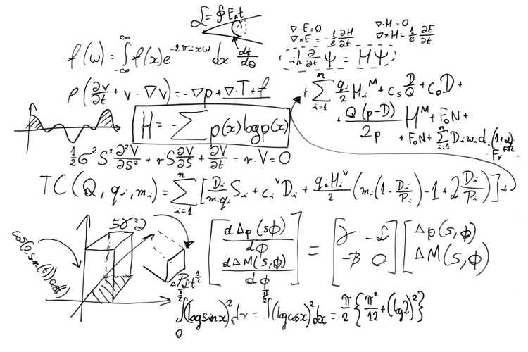 Complex math formulas on whiteboard. Mathematics and science with economics
