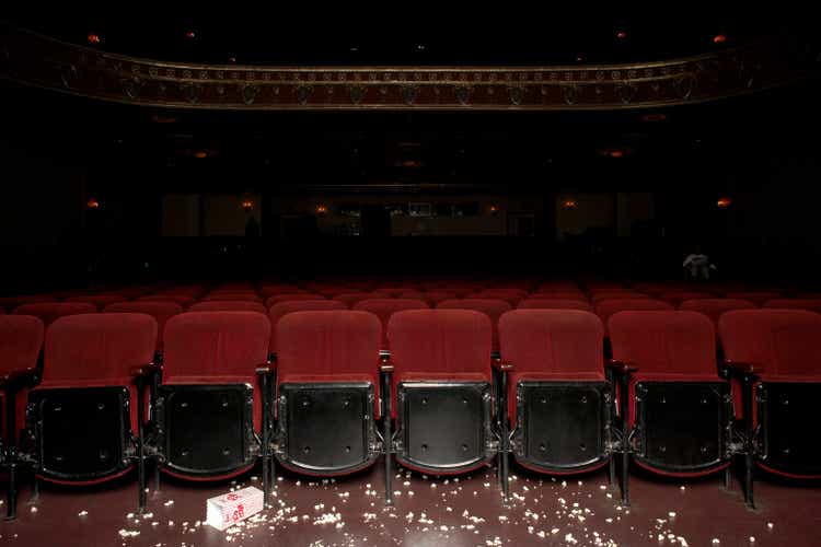 Theater hall with popcorn on the floor